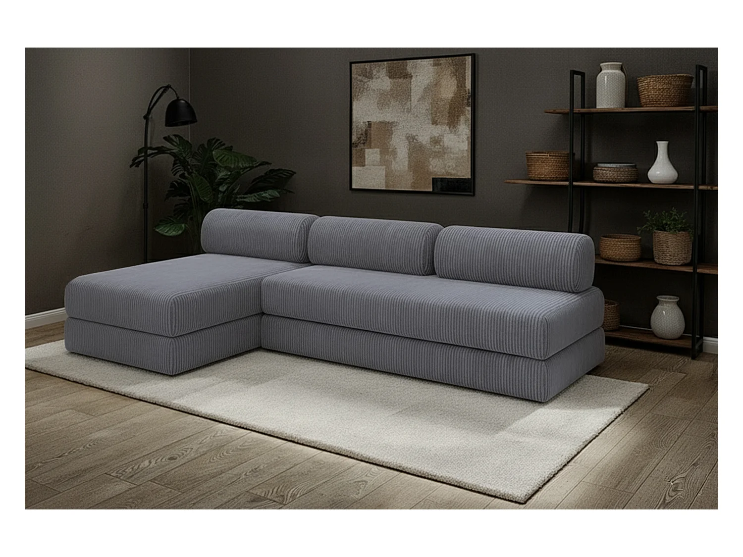 Canapé d'angle modulable et convertible 6 places - Velours côtelé - Gris