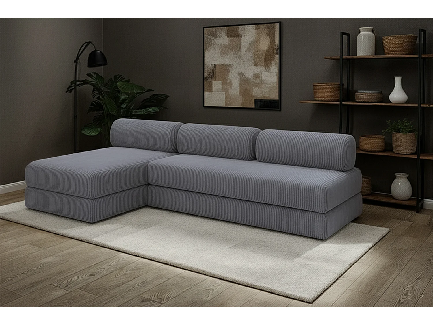 Canapé d'angle modulable et convertible 6 places - Velours côtelé - Gris