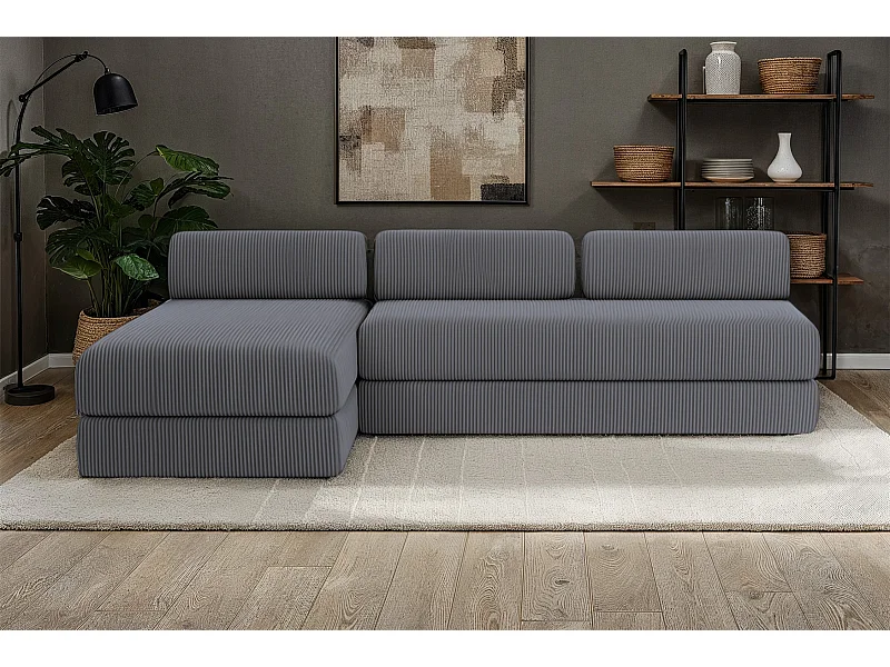 Canapé d'angle modulable et convertible 6 places - Velours côtelé - Gris