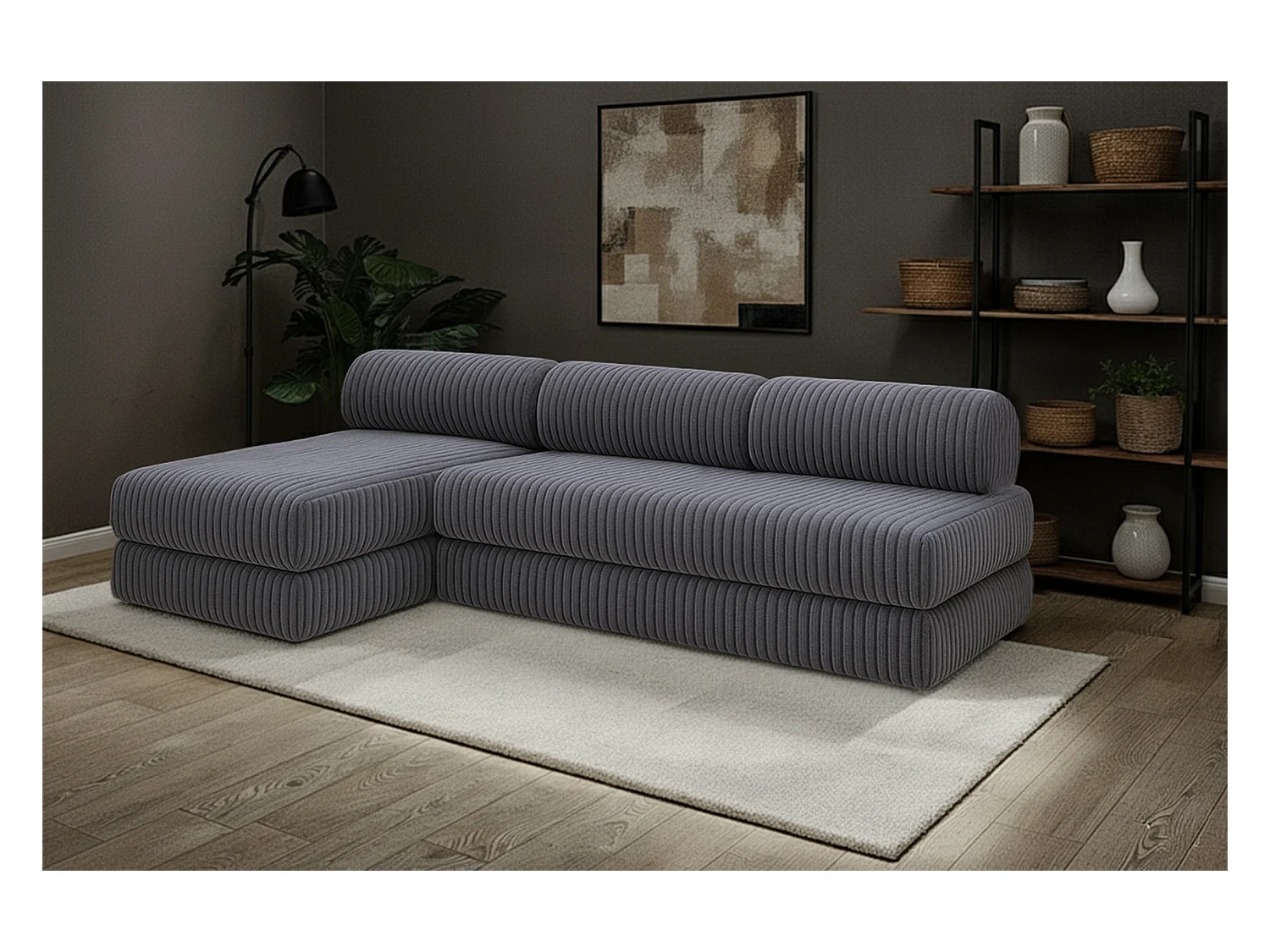 Canapé d'angle modulable et convertible 6 places - Velours côtelé XL - Gris