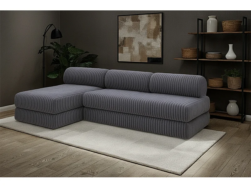 Canapé d'angle modulable et convertible 6 places - Velours côtelé XL - Gris
