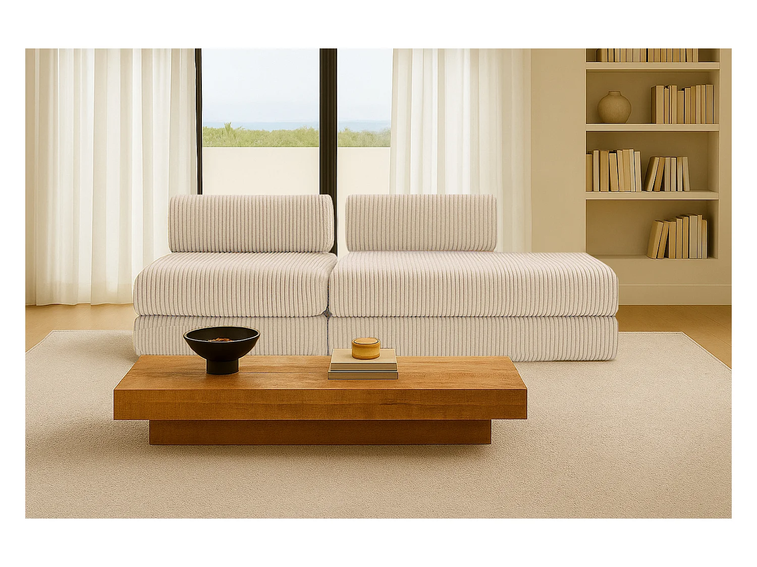 Canapé droit modulable et convertible 3 places - Velours côtelé XL - Beige