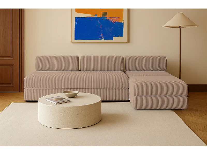 Canapé d'angle modulable et convertible 6 places - Velours côtelé - Taupe