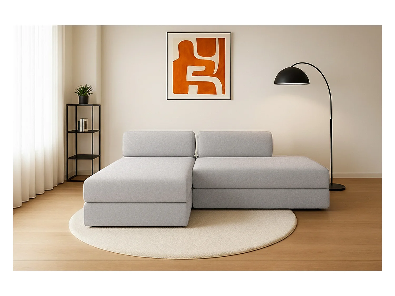 Canapé d'angle modulable et convertible 5 places - Tissu lisse - Gris clair