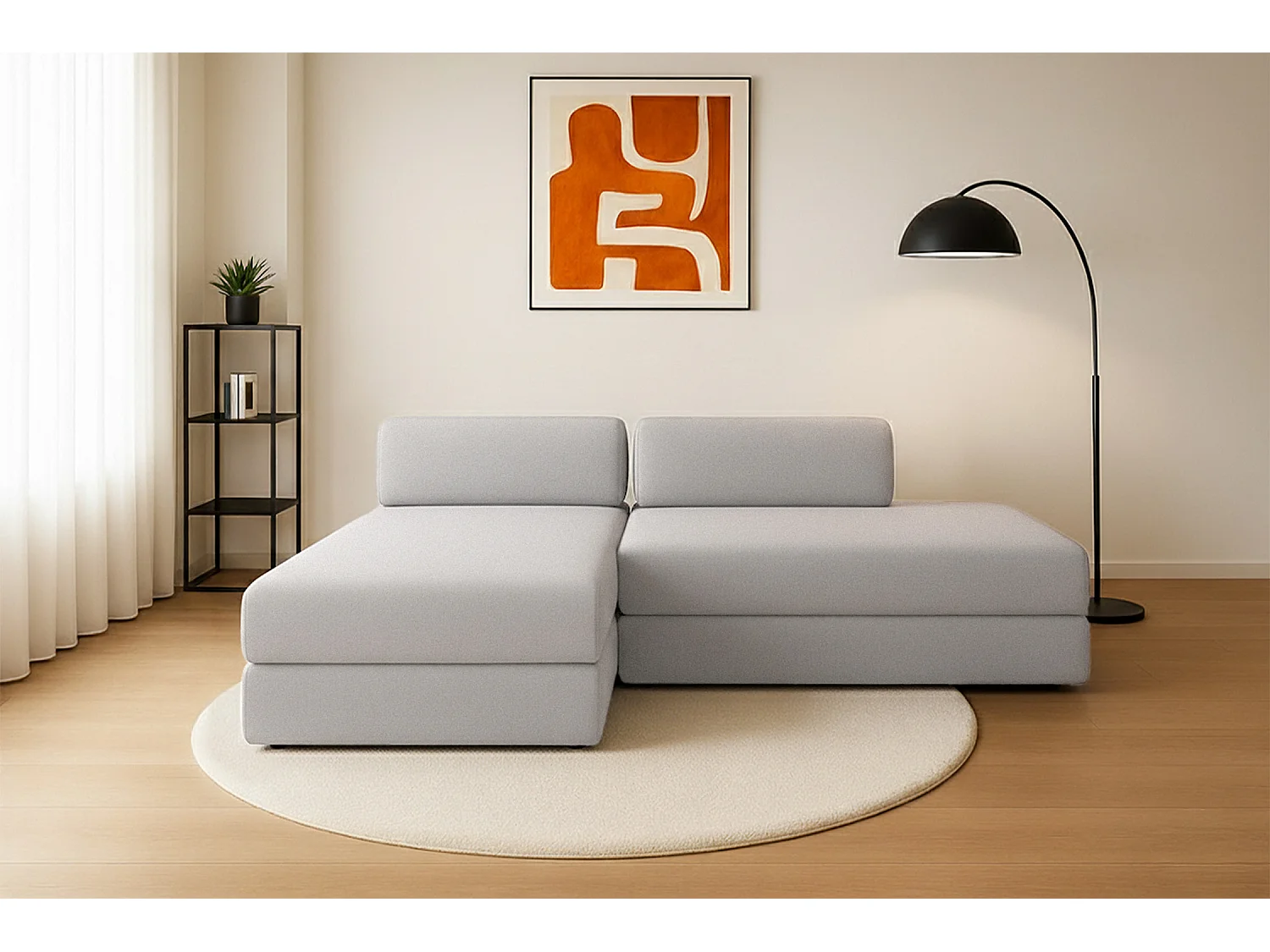 Canapé d'angle modulable et convertible 5 places - Tissu lisse - Gris clair