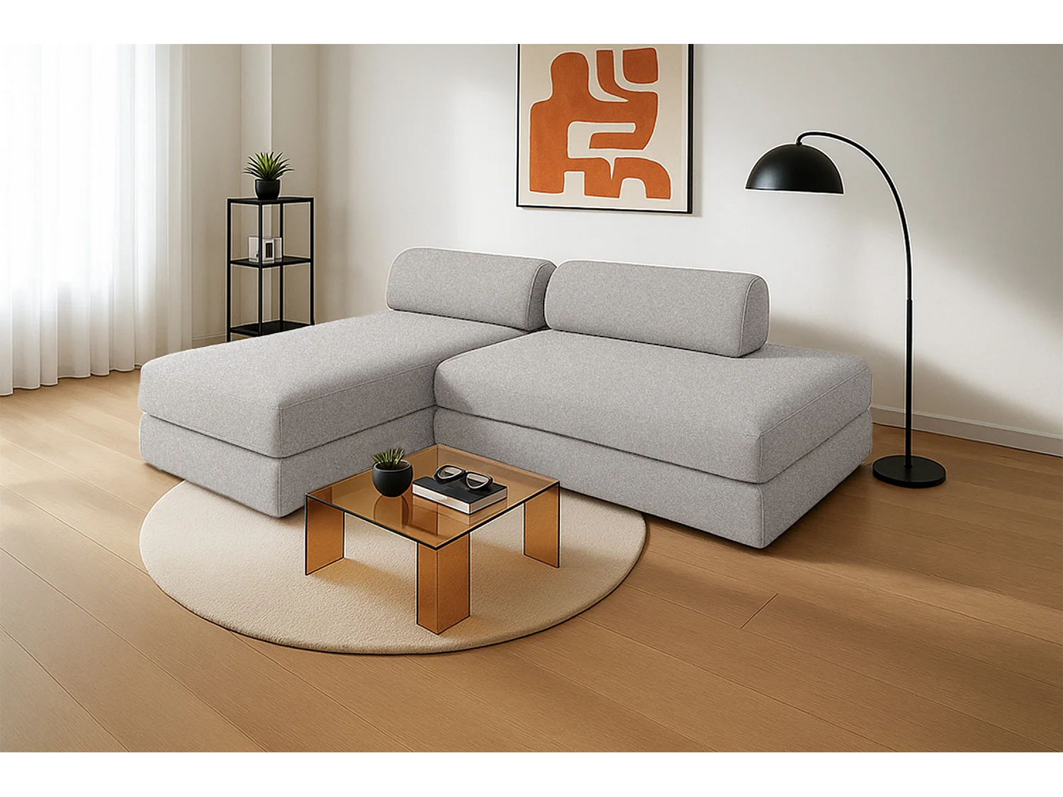 Canapé d'angle modulable et convertible 5 places - Tissu lisse - Gris clair