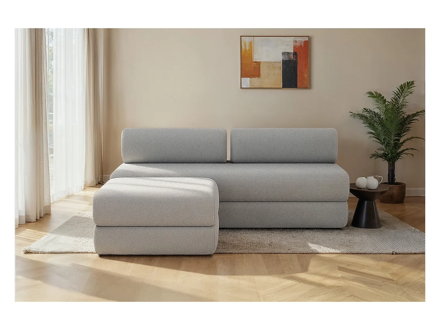 Canapé d'angle modulable et convertible 4 places - Tissu lisse - Gris clair