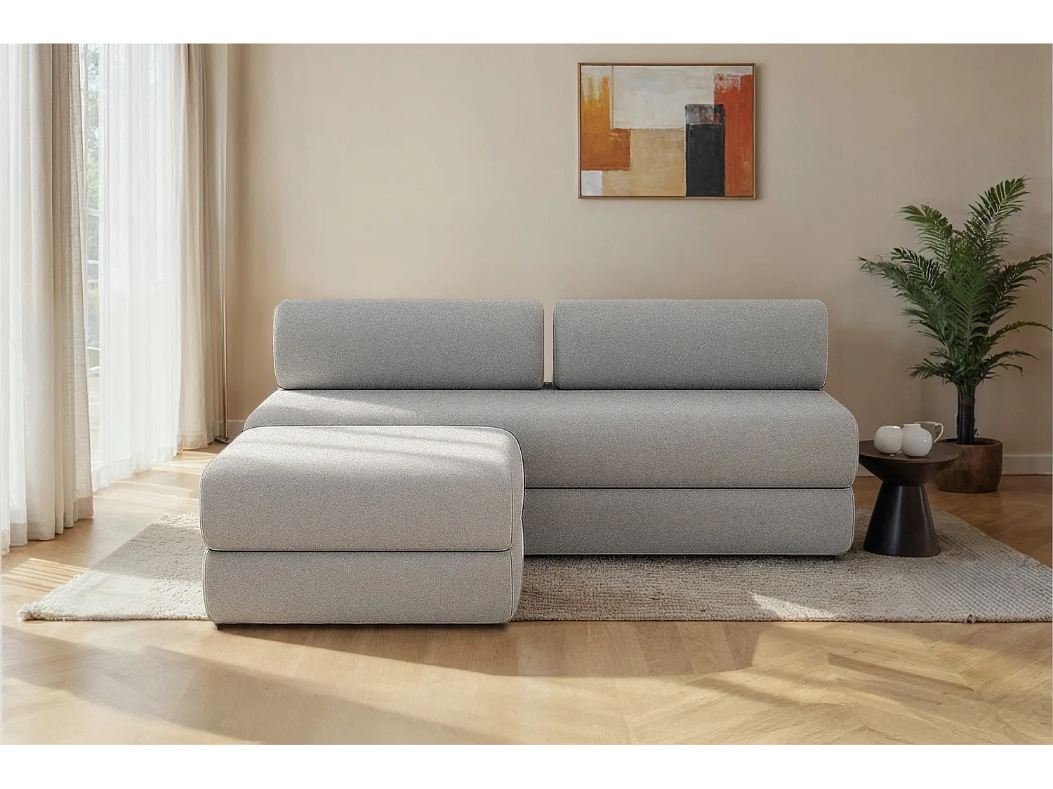 Canapé d'angle modulable et convertible 4 places - Tissu lisse - Gris clair