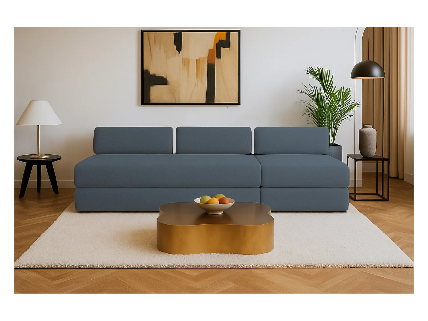 Canapé droit modulable et convertible 4 places - Tissu lisse - Bleu