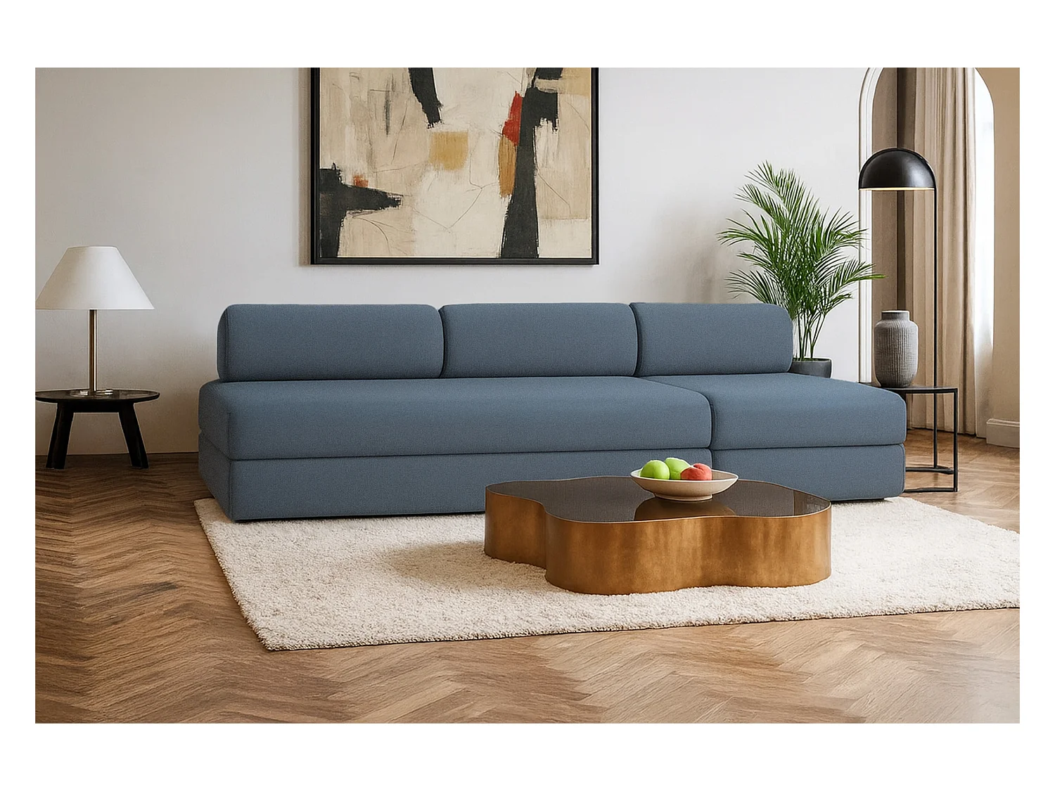 Canapé droit modulable et convertible 4 places - Tissu lisse - Bleu