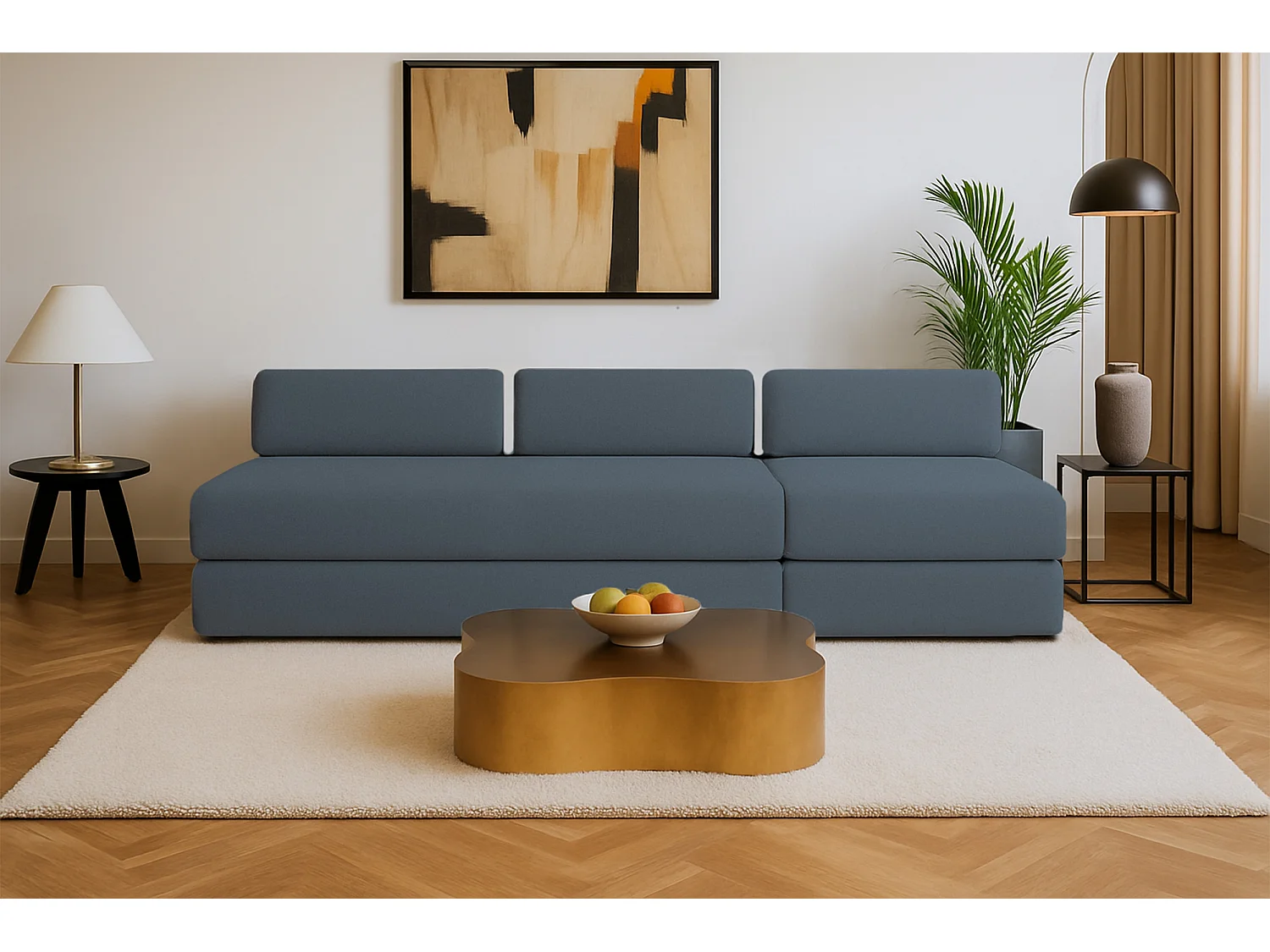 Canapé droit modulable et convertible 4 places - Tissu lisse - Bleu