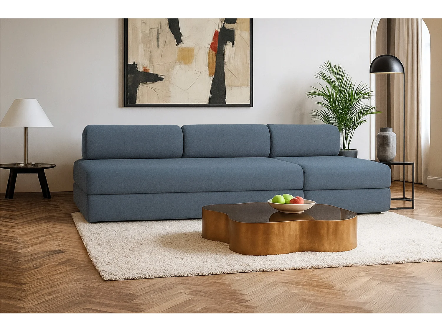 Canapé droit modulable et convertible 4 places - Tissu lisse - Bleu