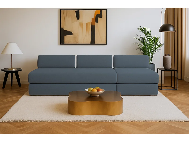 Canapé droit modulable et convertible 4 places - Tissu lisse - Bleu