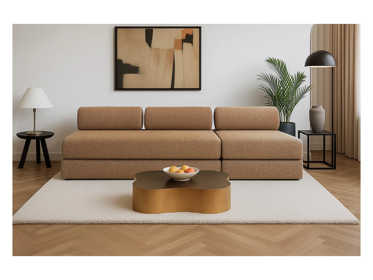 Canapé droit modulable et convertible 4 places - Tissu tweed - Marron