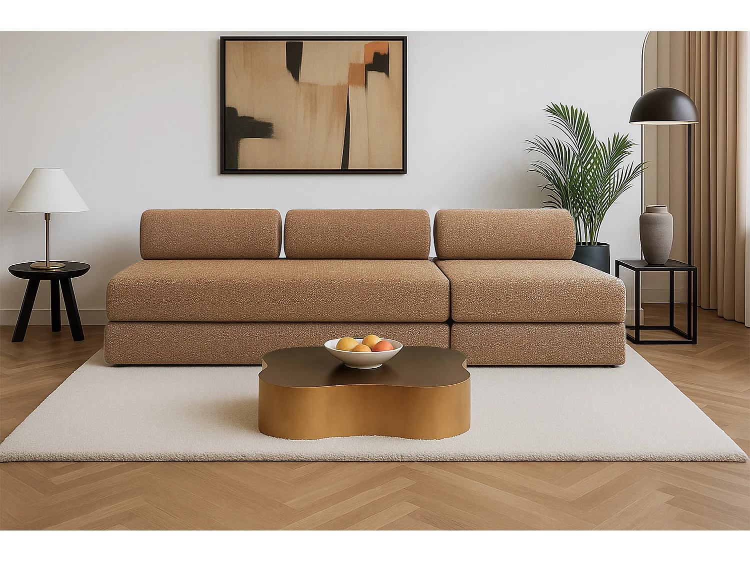 Canapé droit modulable et convertible 4 places - Tissu tweed - Marron