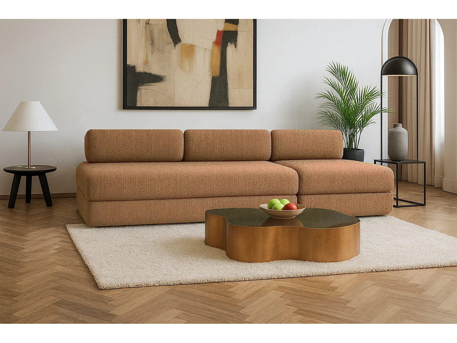 Canapé droit modulable et convertible 4 places - Tissu tweed - Marron