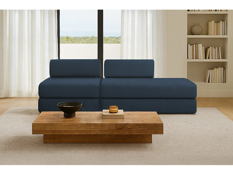 Canapé droit modulable et convertible 3 places - Velours côtelé - Bleu