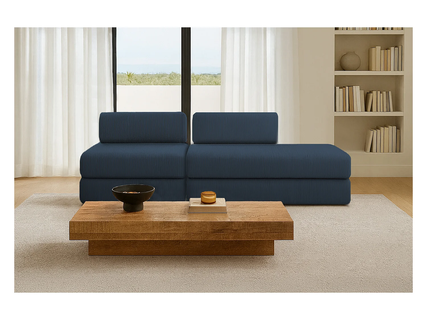 Canapé droit modulable et convertible 3 places - Velours côtelé - Bleu