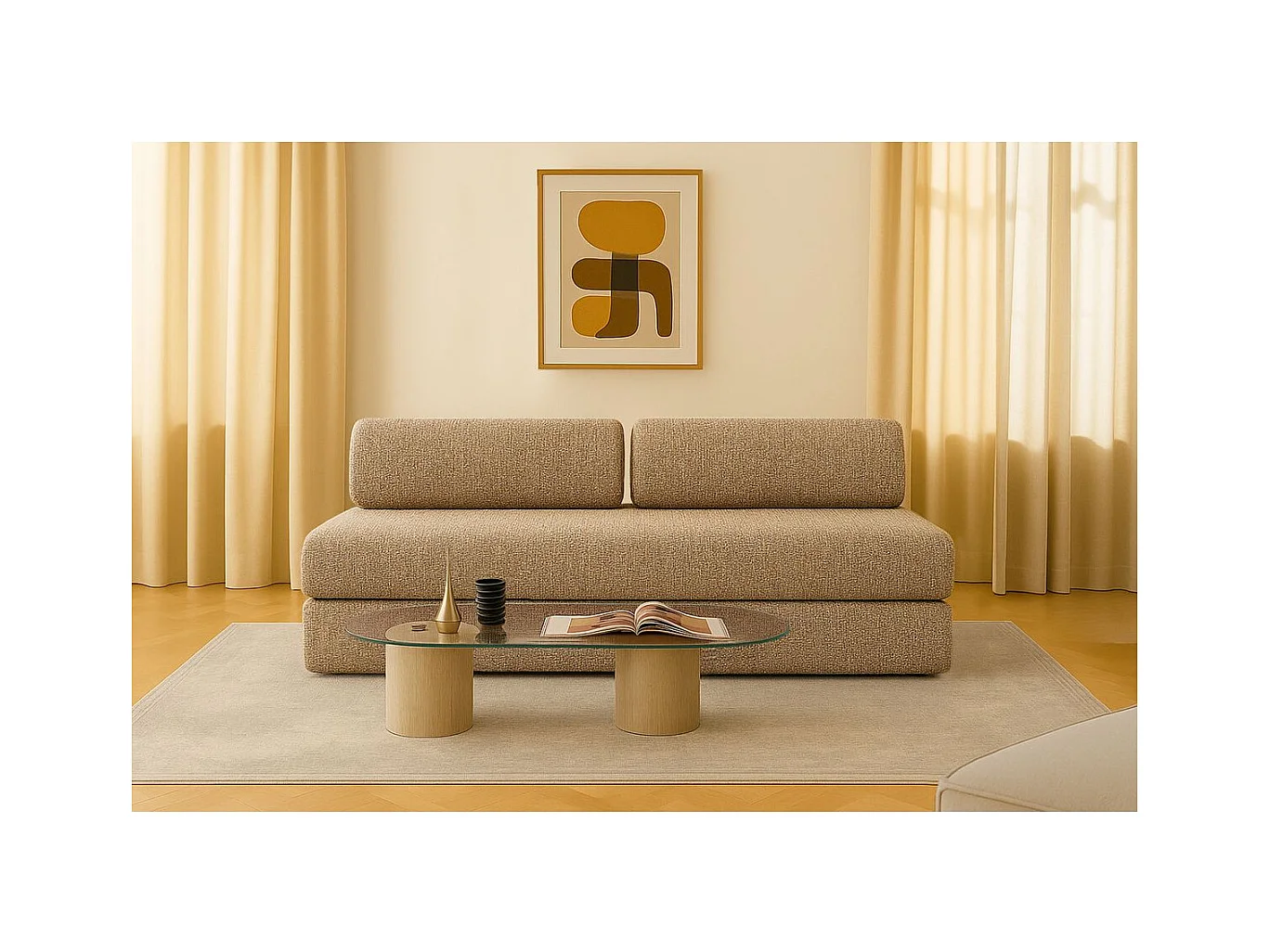 Canapé droit modulable et convertible 3 places - Tissu tweed - Marron