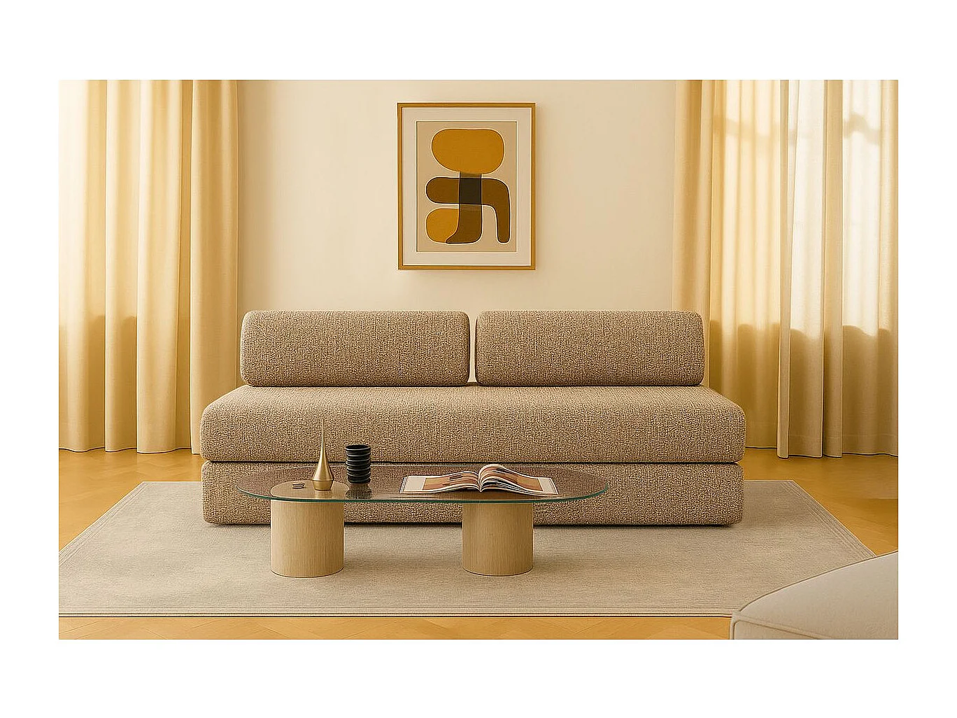 Canapé droit modulable et convertible 3 places - Tissu tweed - Marron