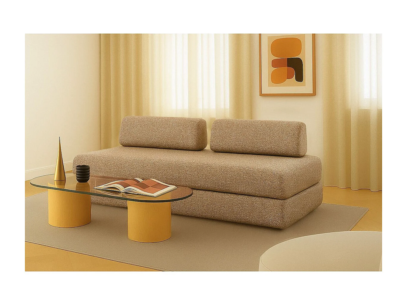 Canapé droit modulable et convertible 3 places - Tissu tweed - Marron