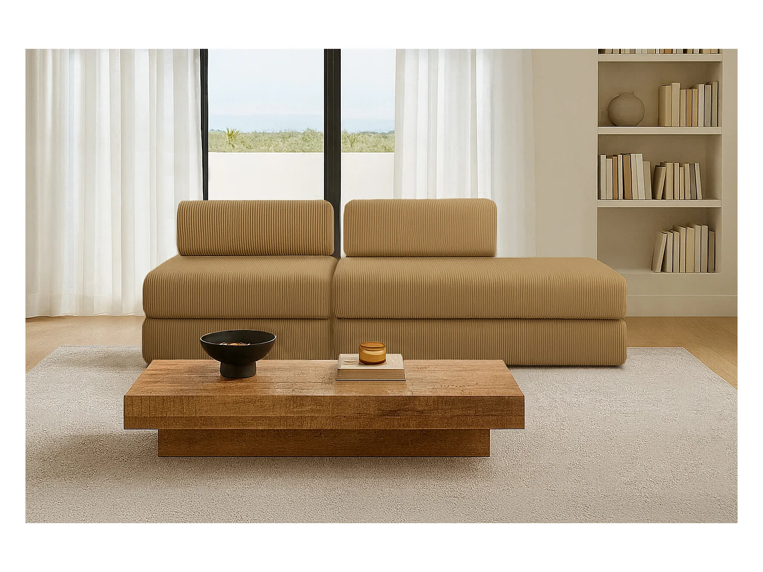 Canapé droit modulable et convertible 3 places - Velours côtelé - Jaune