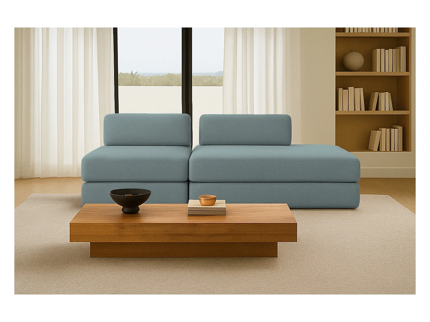 Canapé droit modulable et convertible 3 places - Tissu lisse - Bleu vert