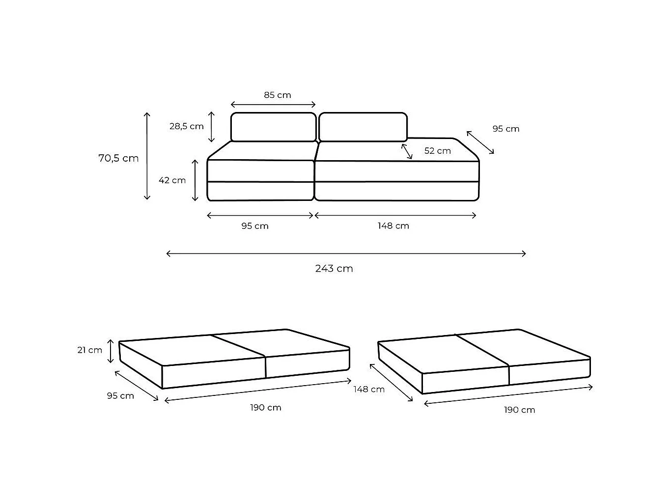 Canapé droit modulable et convertible 3 places - Tissu lisse - Bleu vert