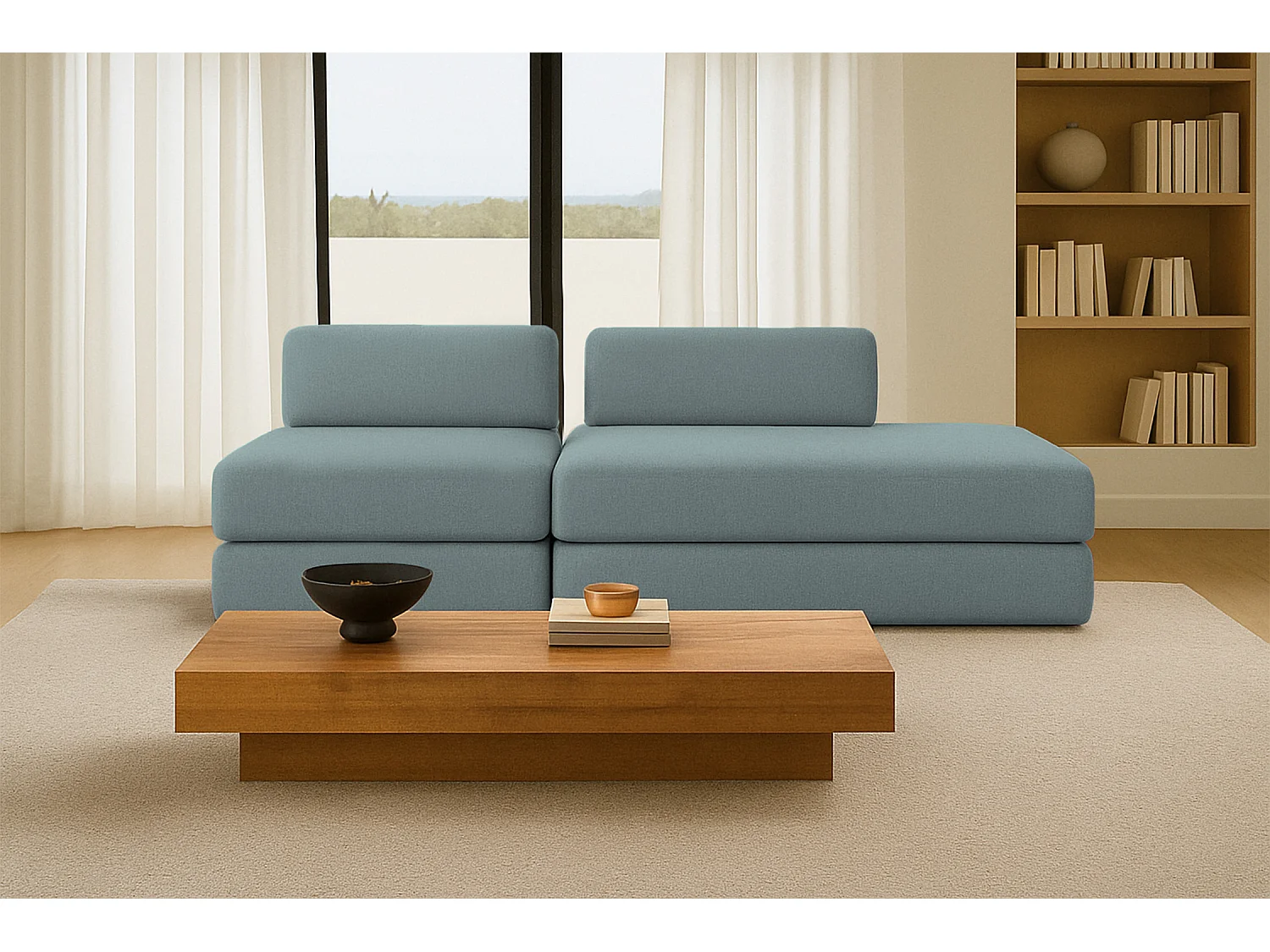 Canapé droit modulable et convertible 3 places - Tissu lisse - Bleu vert