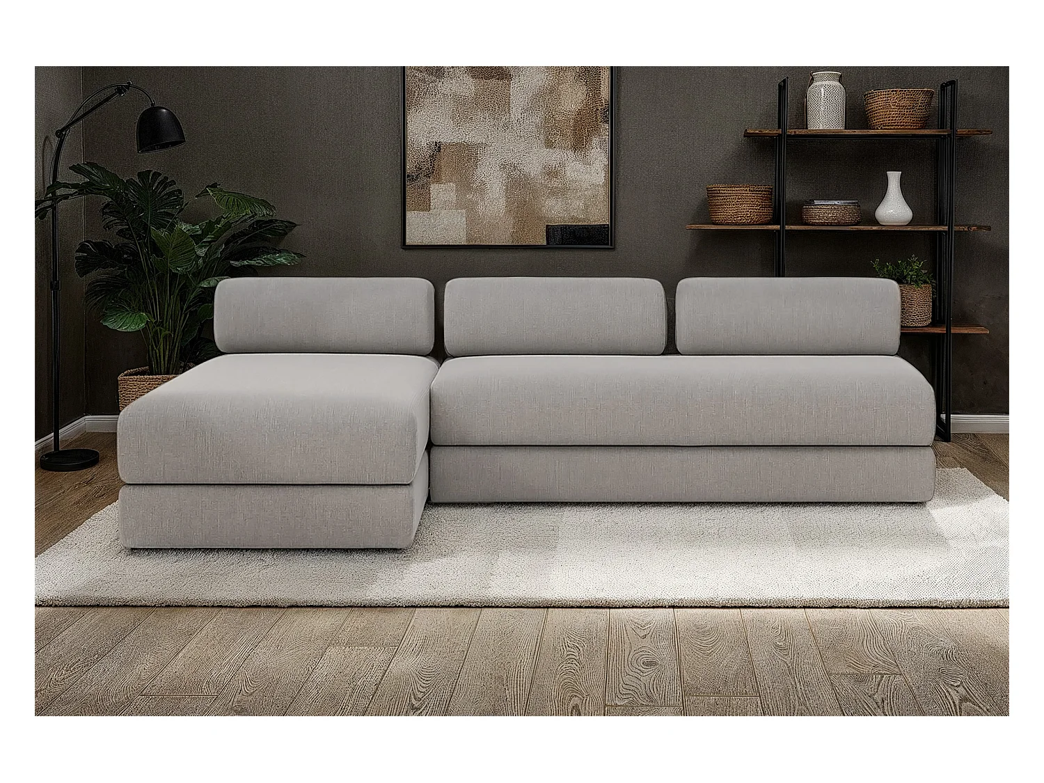 Canapé d'angle modulable et convertible 6 places - Tissu lisse - Gris clair