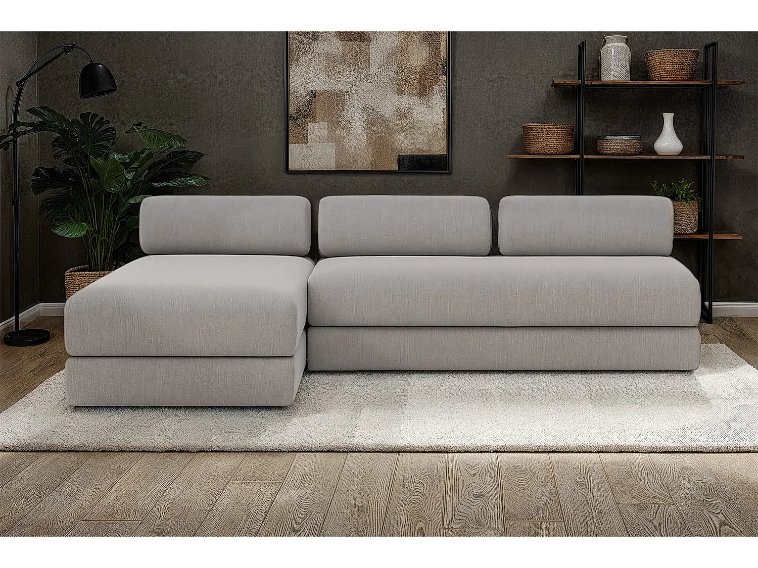 Canapé d'angle modulable et convertible 6 places - Tissu lisse - Gris clair