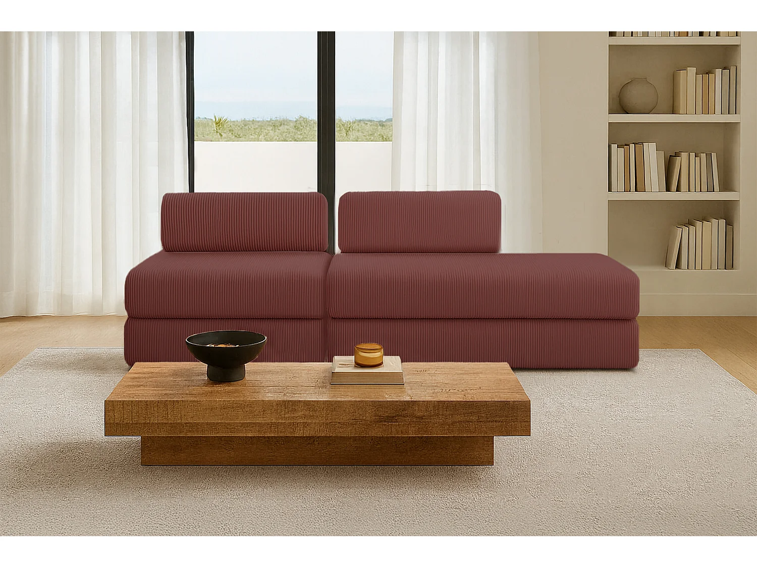 Canapé droit modulable et convertible 3 places - Velours côtelé - Rouge