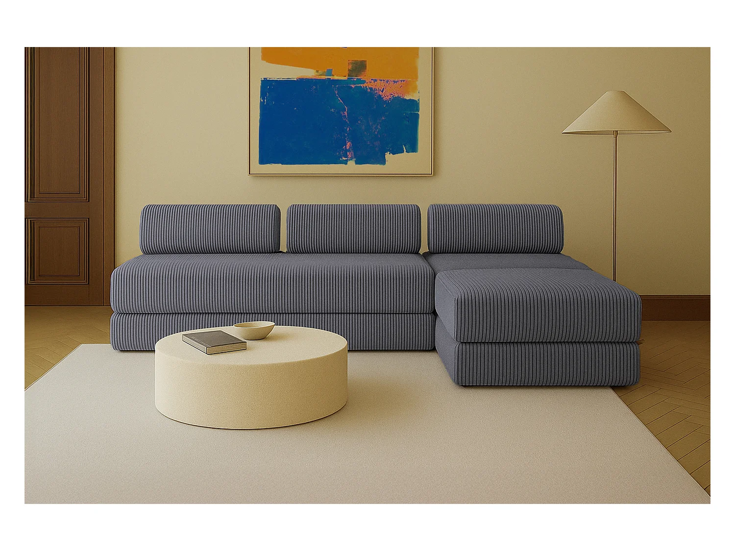 Canapé droit modulable et convertible 6 places - Velours côtelé XL - Gris