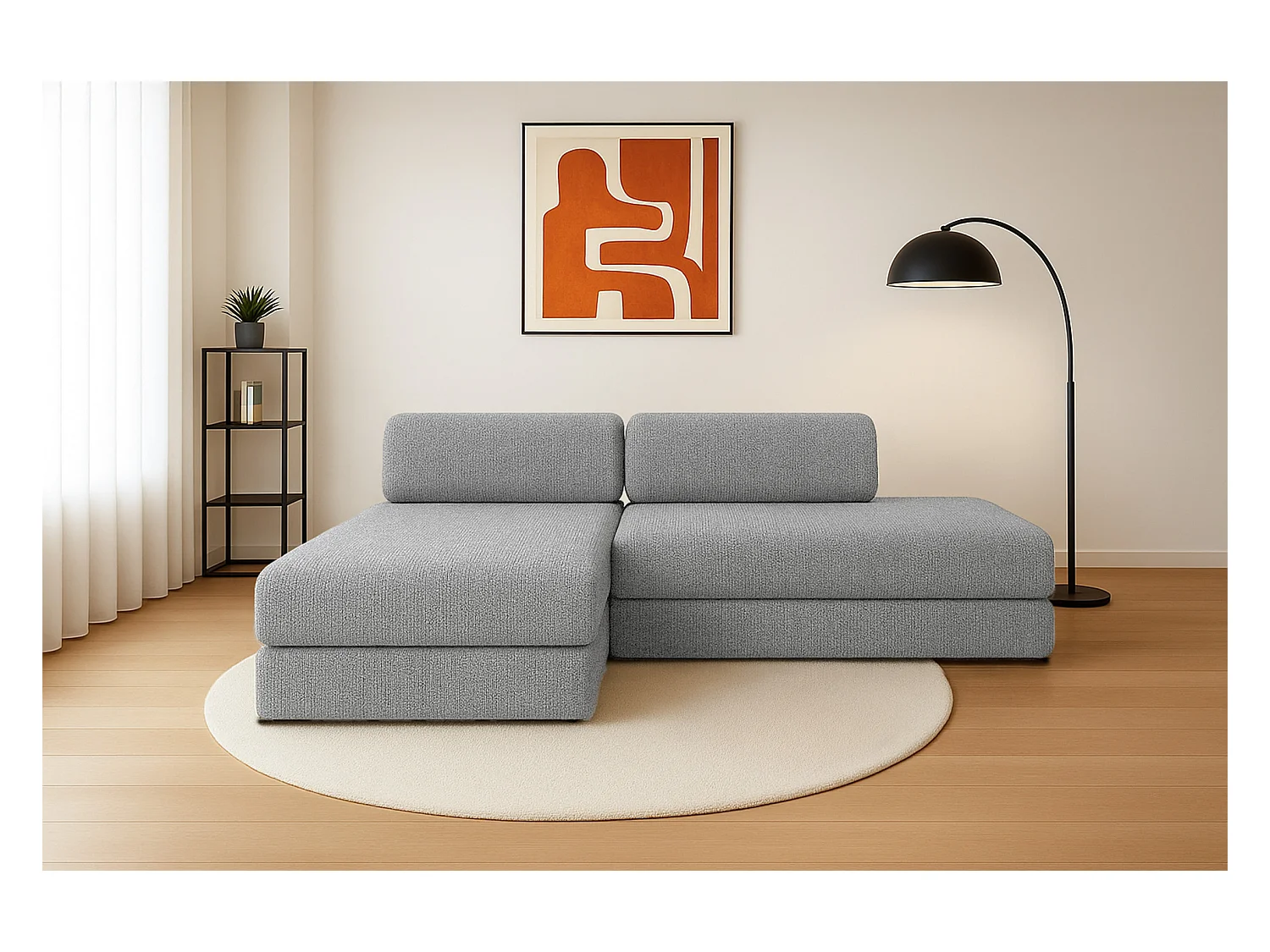 Canapé d'angle modulable et convertible 5 places - Tissu tweed - Gris