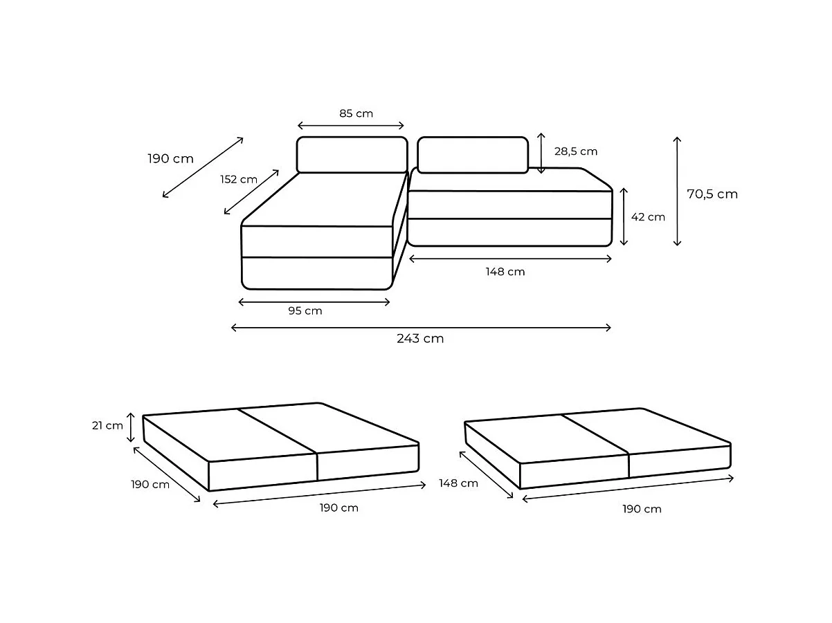 Canapé d'angle modulable et convertible 5 places - Tissu tweed - Gris