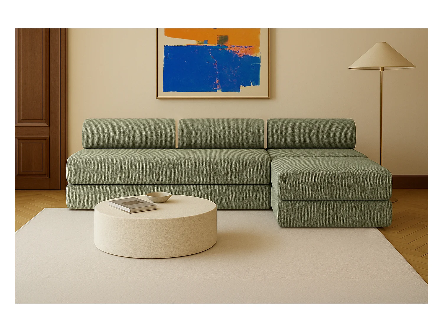 Canapé d'angle modulable et convertible 6 places - Tissu tweed - Vert