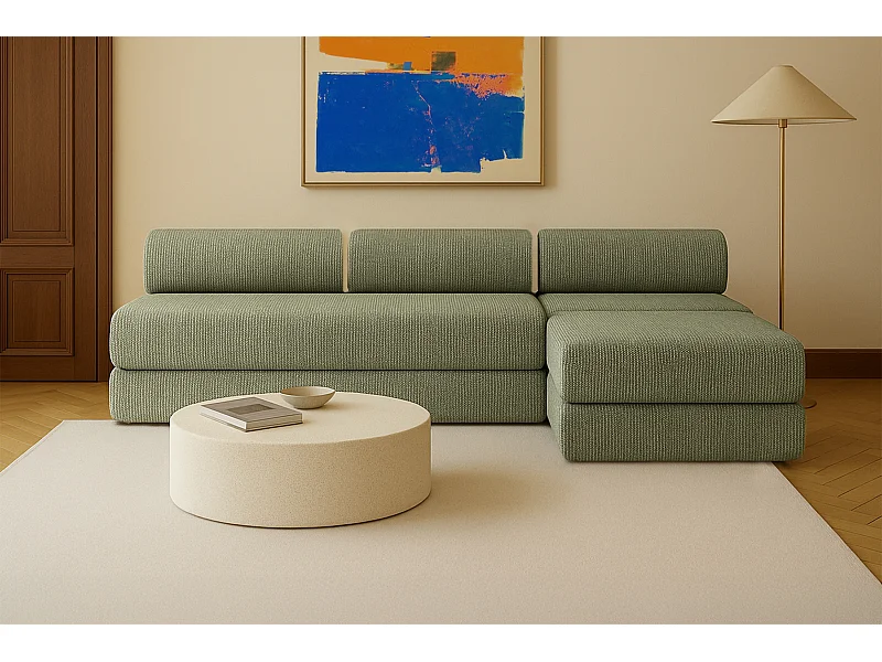 Canapé d'angle modulable et convertible 6 places - Tissu tweed - Vert