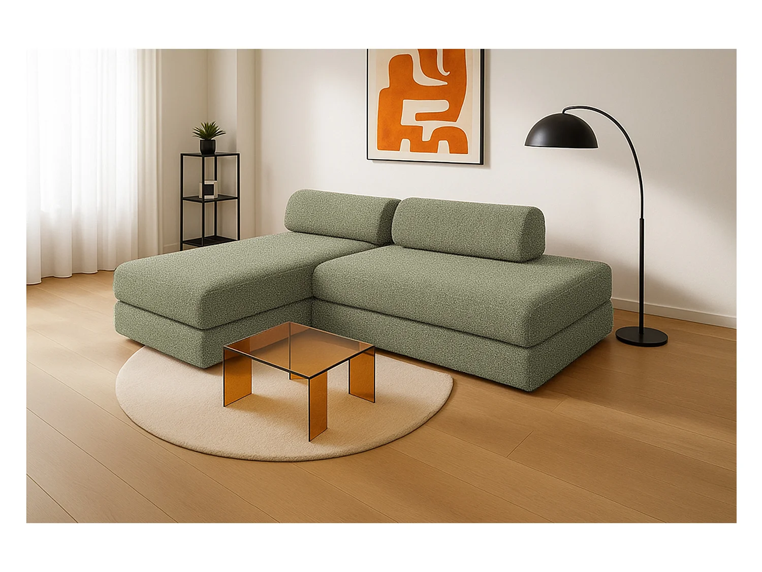 Canapé d'angle modulable et convertible 5 places - Tissu tweed - Vert