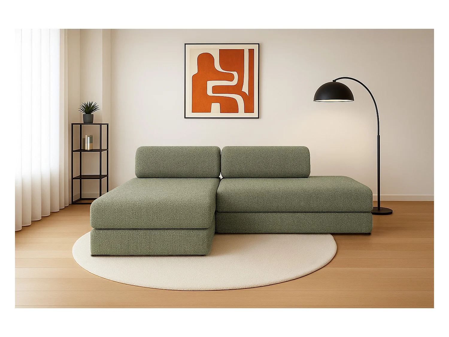 Canapé d'angle modulable et convertible 5 places - Tissu tweed - Vert