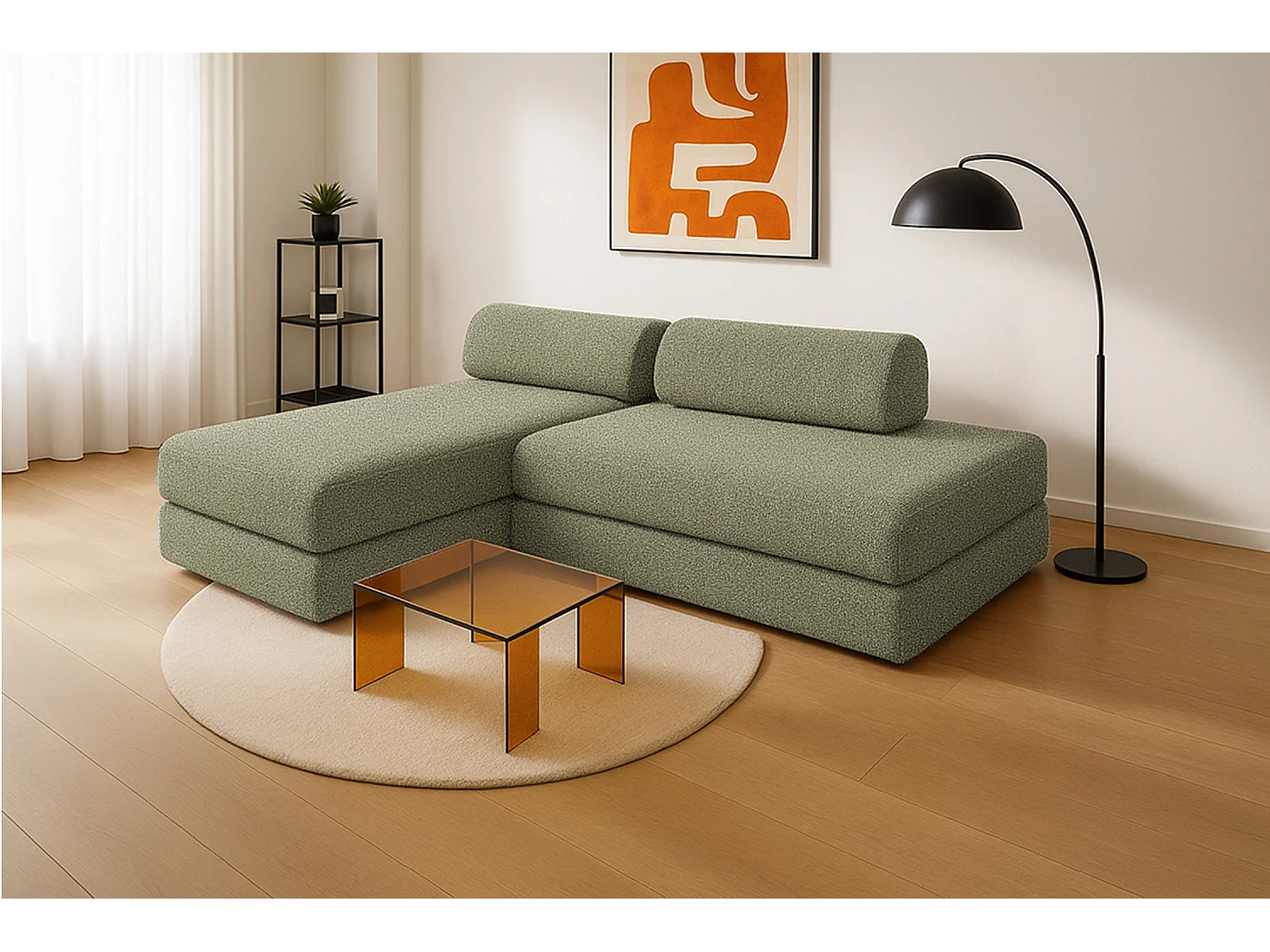 Canapé d'angle modulable et convertible 5 places - Tissu tweed - Vert