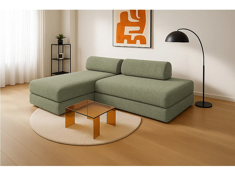 Canapé d'angle modulable et convertible 5 places - Tissu tweed - Vert