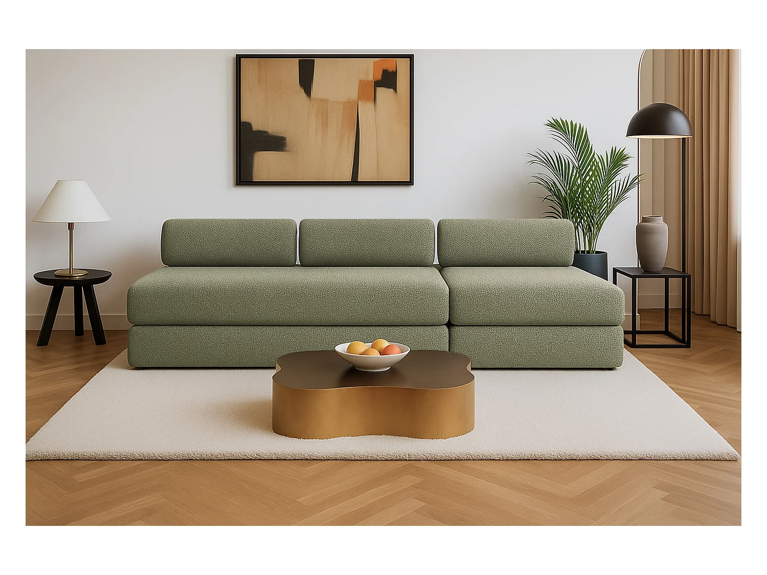 Canapé droit modulable et convertible 4 places - Tissu tweed - Vert