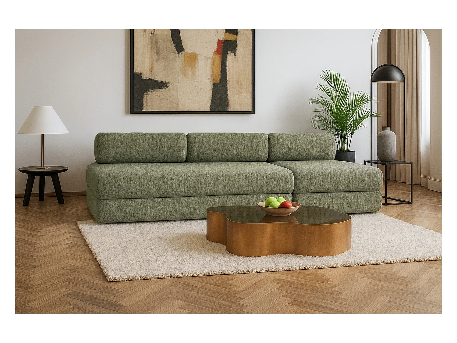 Canapé droit modulable et convertible 4 places - Tissu tweed - Vert