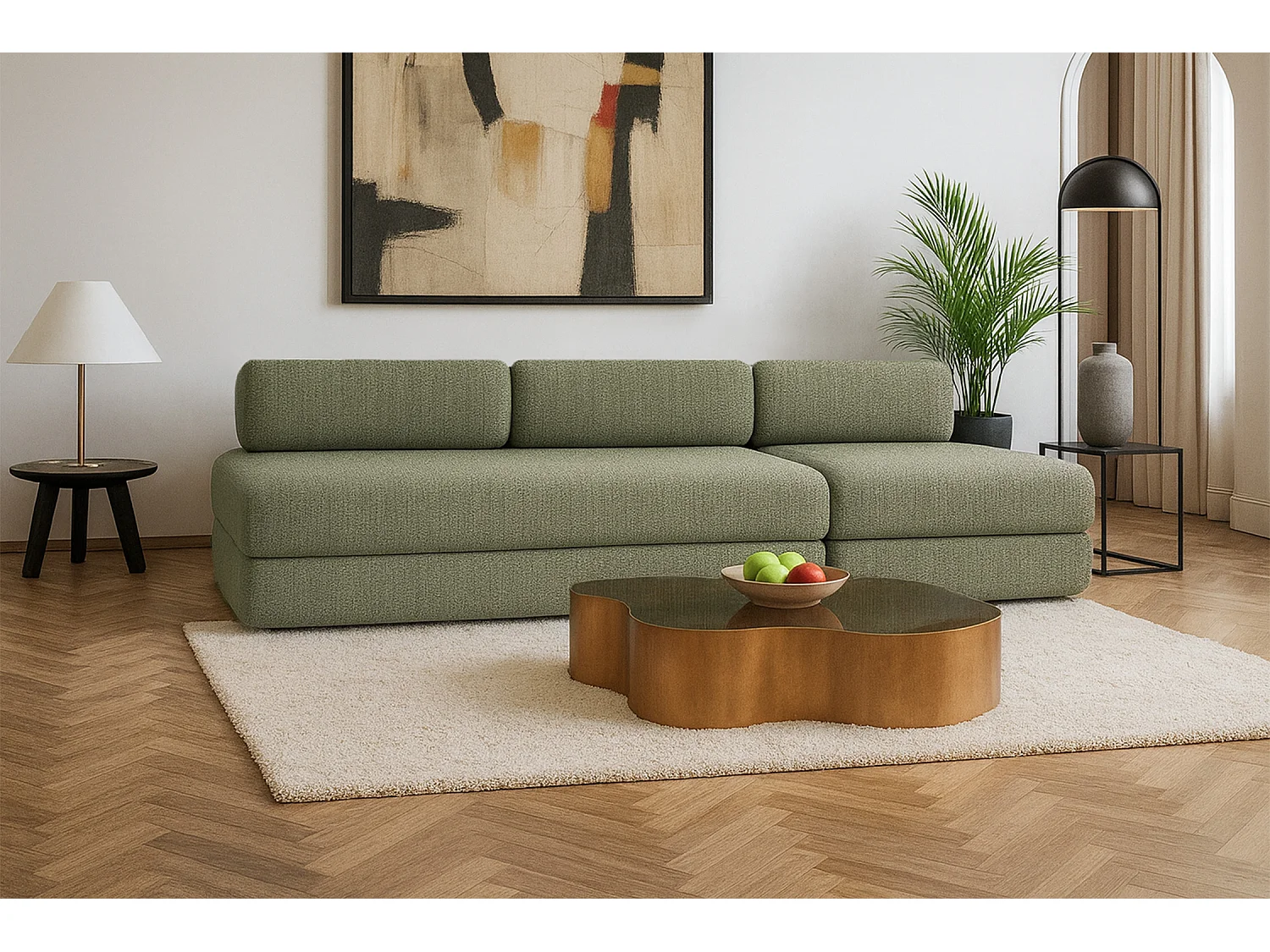 Canapé droit modulable et convertible 4 places - Tissu tweed - Vert