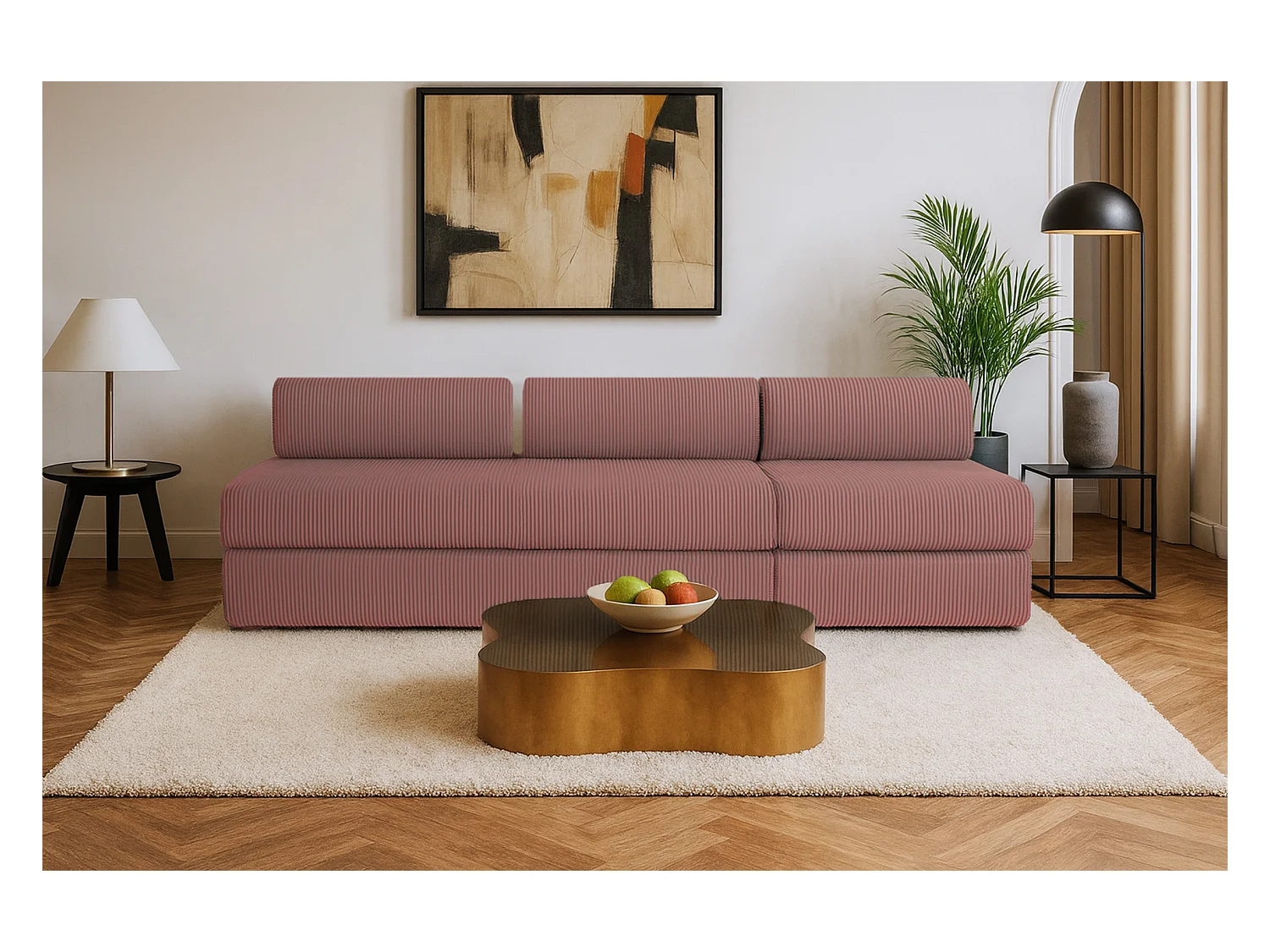 Canapé droit modulable et convertible 4 places - Velours côtelé - Rose