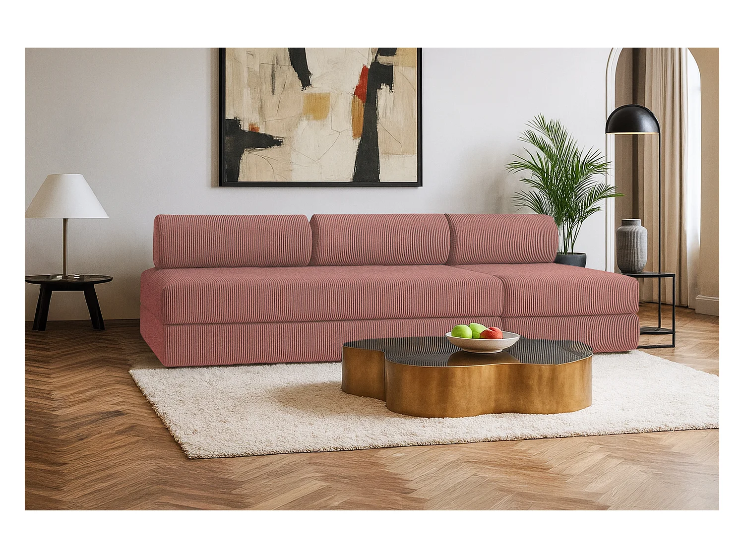 Canapé droit modulable et convertible 4 places - Velours côtelé - Rose