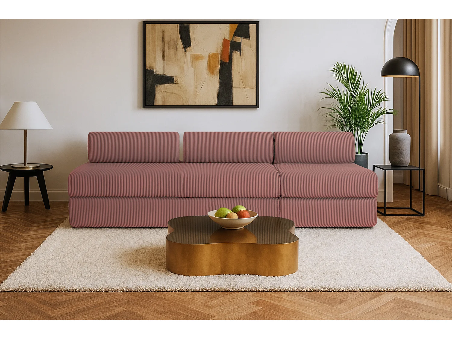 Canapé droit modulable et convertible 4 places - Velours côtelé - Rose