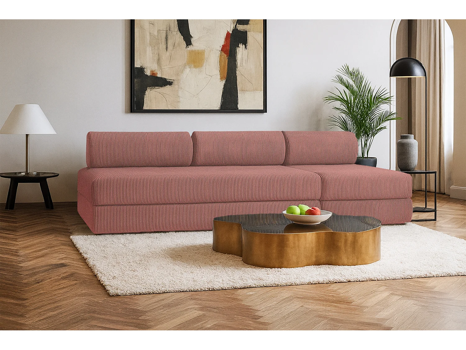 Canapé droit modulable et convertible 4 places - Velours côtelé - Rose