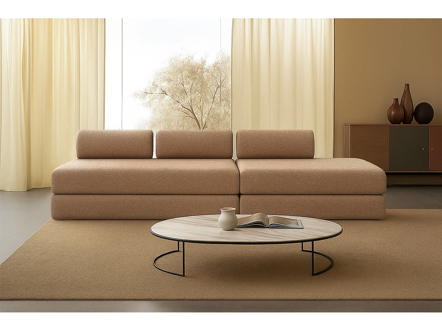 Canapé droit modulable et convertible 5 places - Tissu tweed - Marron