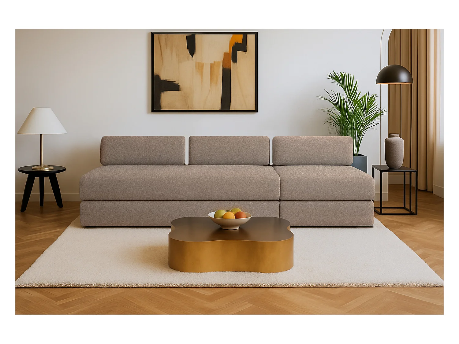 Canapé droit modulable et convertible 4 places - Tissu lisse - Marron